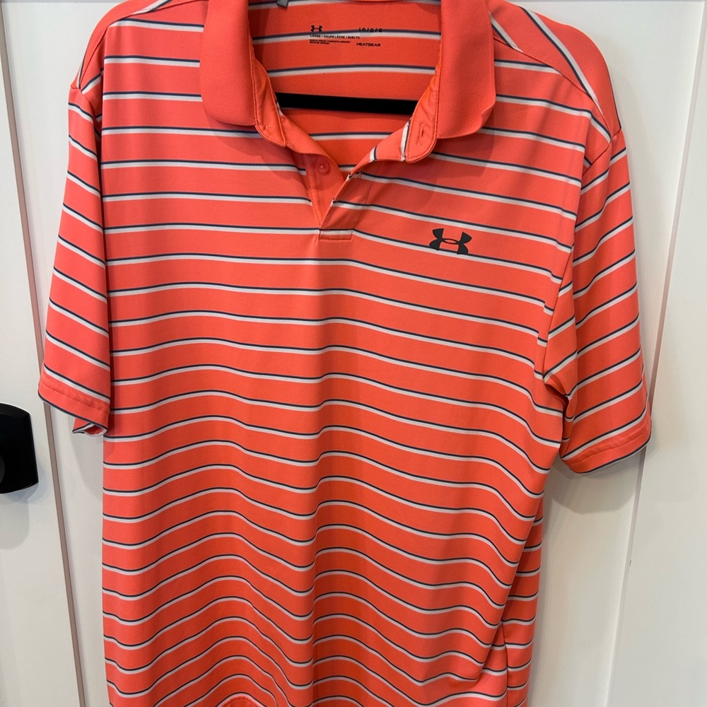 Under Armour Men's Orange and White Striped Polo (Large)